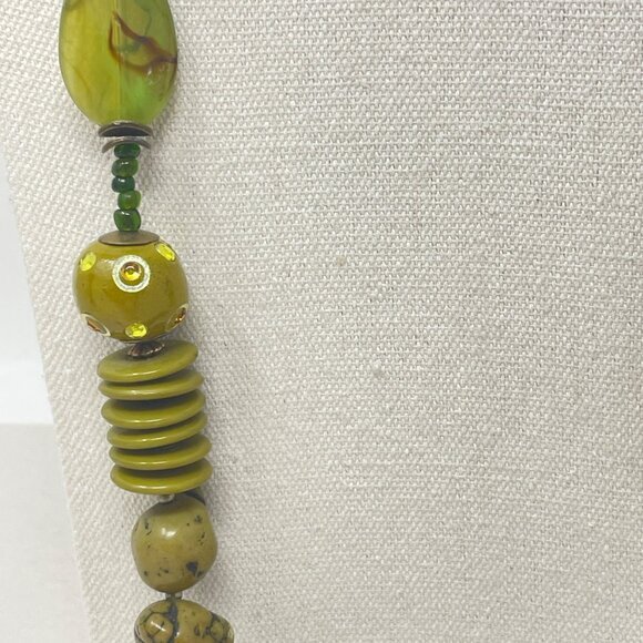 Treska Beaded Long Necklace Green Stone Porcelain Glass Boho Chunky Signed - Picture 7 of 13